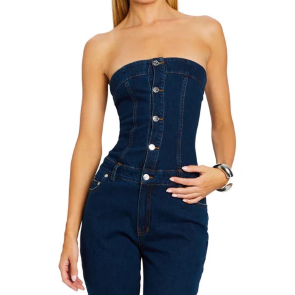 Seroya April Denim Strapless Jumpsuit in deep sea blue color. Brand new XS.